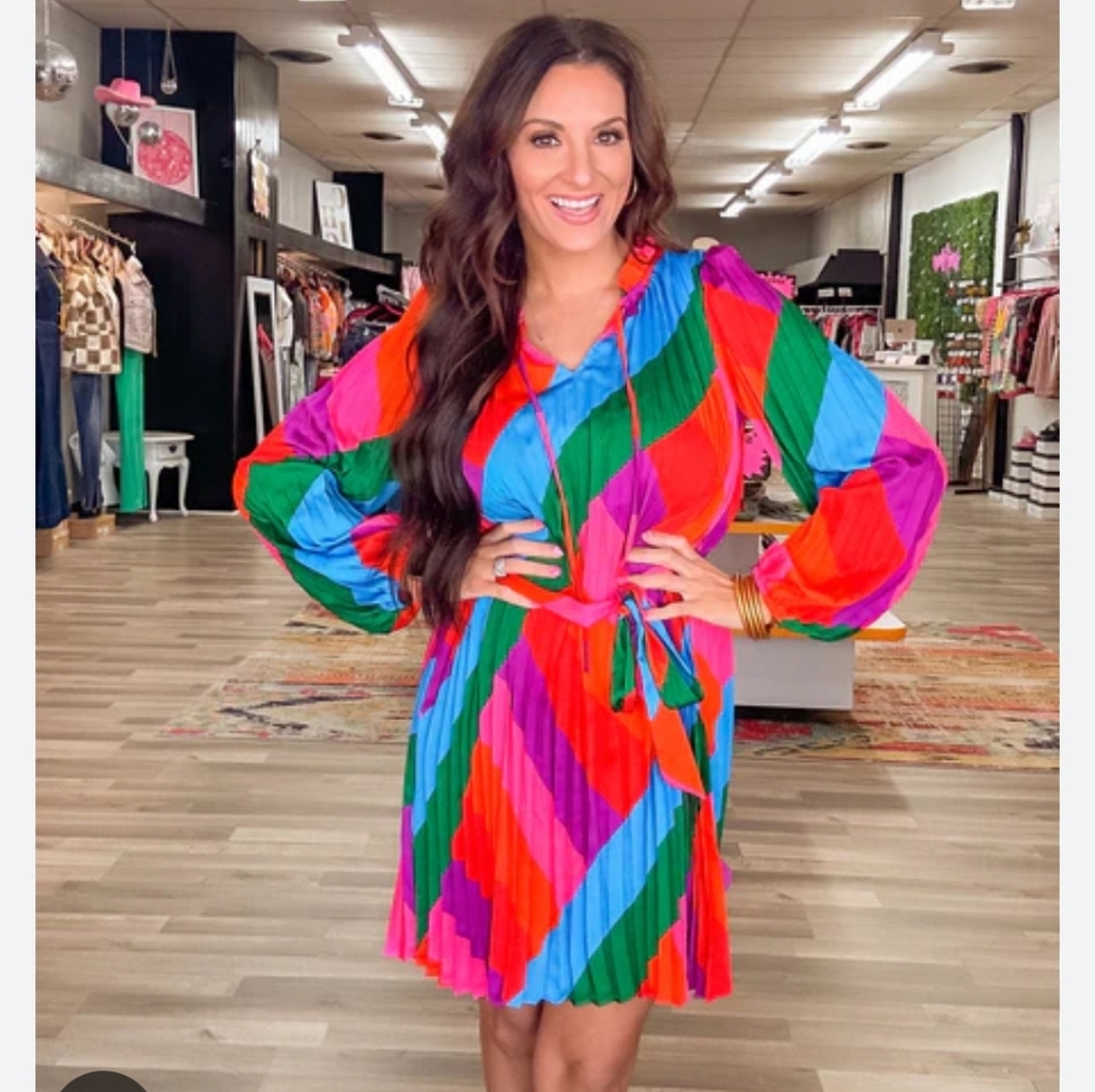 Skies Are Blue Multicolor Long Sleeve Pleated Rainbow Dress Retro New With Tags